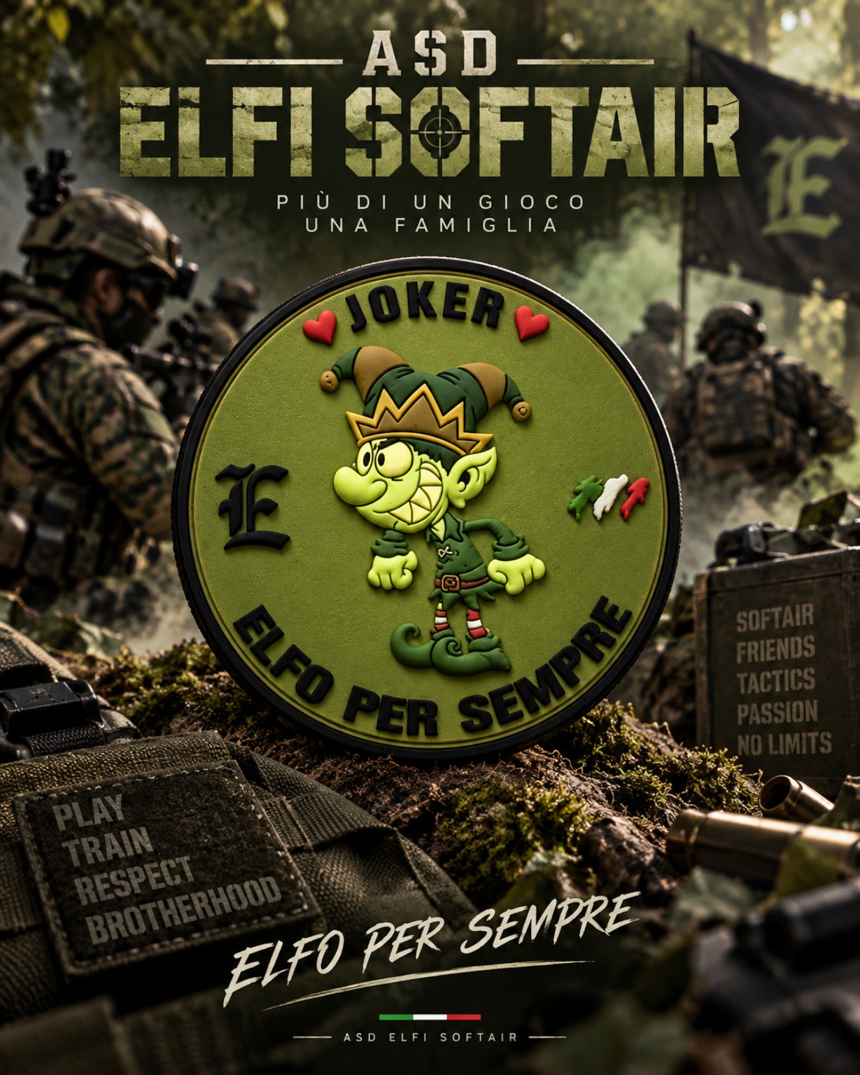 Locandina ASD ELFI Softair con patch Joker Elfo per Sempre e giocatori sul campo
