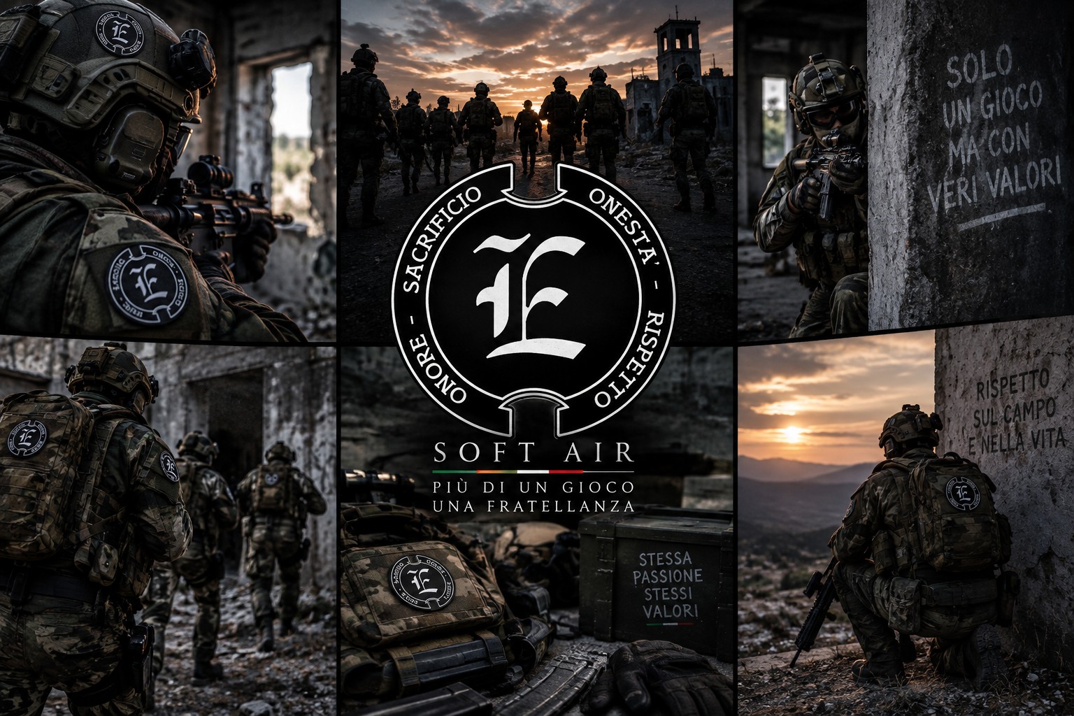 Collage ELFI con giocatori softair, logo del team e i valori di sacrificio, onestà, rispetto e onore